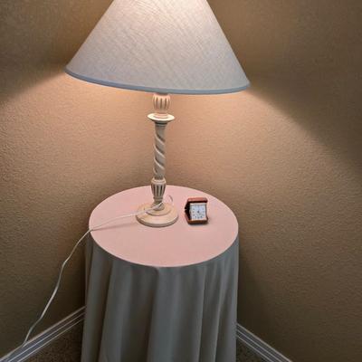 Classic White Table Lamp with Skirted Round wood Accent Table & Alarm Clock
