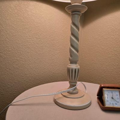 Classic White Table Lamp with Skirted Round wood Accent Table & Alarm Clock