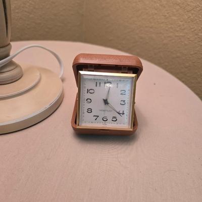 Classic White Table Lamp with Skirted Round wood Accent Table & Alarm Clock