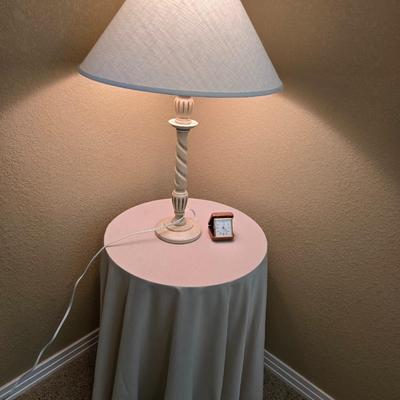 Classic White Table Lamp with Skirted Round wood Accent Table & Alarm Clock