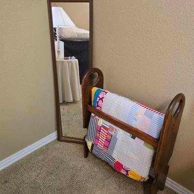 Wooden Quilt Rack with Handmade Patchwork Quilt & Standing Mirror