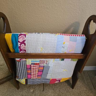 Wooden Quilt Rack with Handmade Patchwork Quilt & Standing Mirror