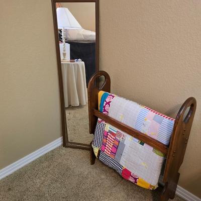Wooden Quilt Rack with Handmade Patchwork Quilt & Standing Mirror