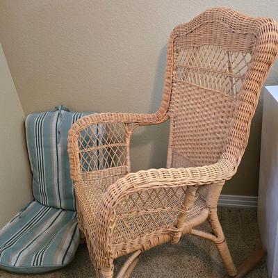 Vintage Wicker Rocking Chair with Blue Cushion