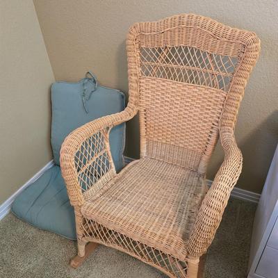 Vintage Wicker Rocking Chair with Blue Cushion