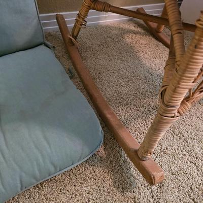 Vintage Wicker Rocking Chair with Blue Cushion