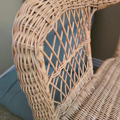 Vintage Wicker Rocking Chair with Blue Cushion