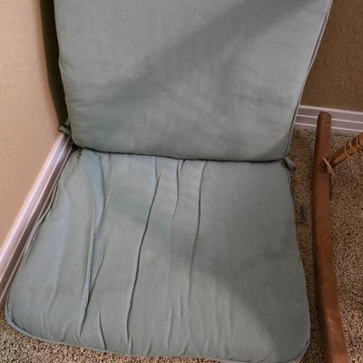 Vintage Wicker Rocking Chair with Blue Cushion