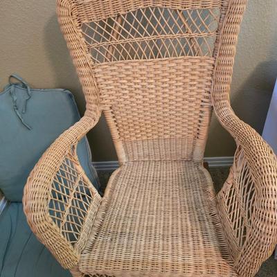 Vintage Wicker Rocking Chair with Blue Cushion