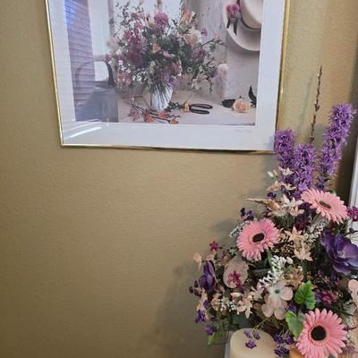 Framed Kathryn Kaaren Floral Print, Faux Arrangement & Candle Decor Lot