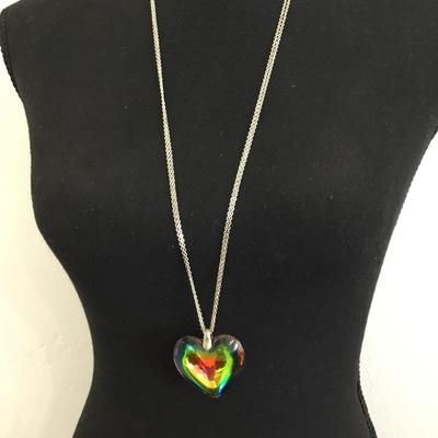 Vintage, iridescent, rainbow glass, large heart pendant necklace