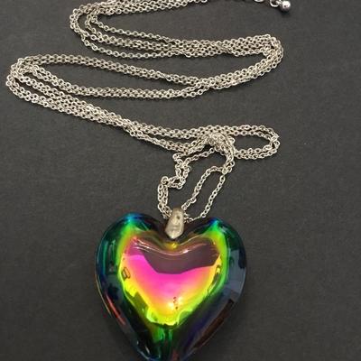 Vintage, iridescent, rainbow glass, large heart pendant necklace