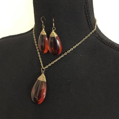 Vintage Baltic, amber colored glass, necklace, and earring set