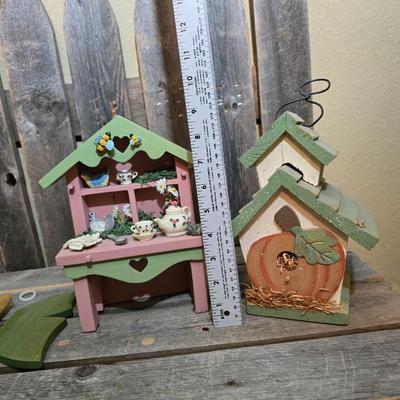 Rustic Pallet Bench with Decorative Garden Birdhouses & Folk Art Accents