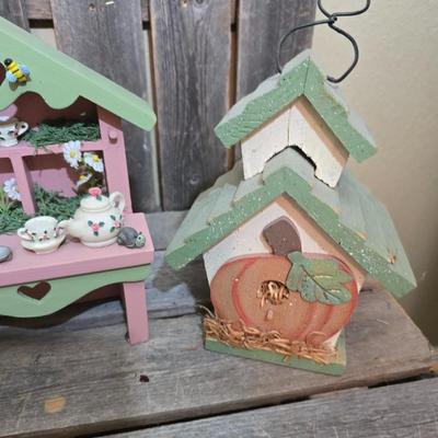 Rustic Pallet Bench with Decorative Garden Birdhouses & Folk Art Accents