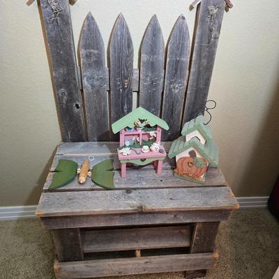 Rustic Pallet Bench with Decorative Garden Birdhouses & Folk Art Accents