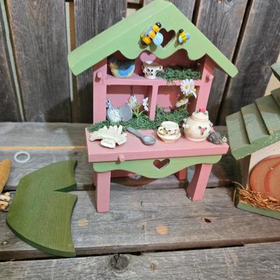 Rustic Pallet Bench with Decorative Garden Birdhouses & Folk Art Accents