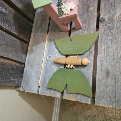 Rustic Pallet Bench with Decorative Garden Birdhouses & Folk Art Accents