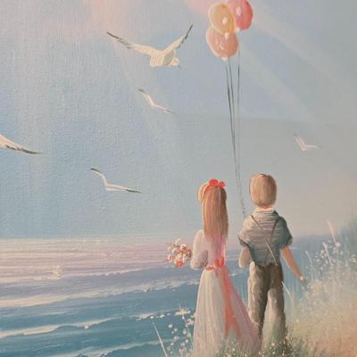 Framed Signed Seaside Painting – Children with Balloons at Sunrise
