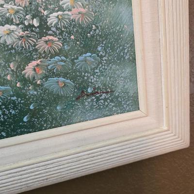 Framed Signed Seaside Painting – Children with Balloons at Sunrise
