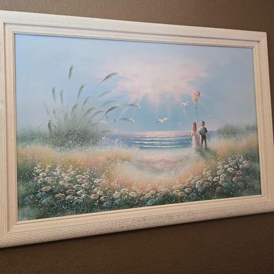 Framed Signed Seaside Painting – Children with Balloons at Sunrise