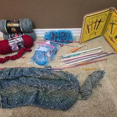 Large Knitting & Crochet Lot – Needles, Yarn, Vintage Case & In-Progress Project
