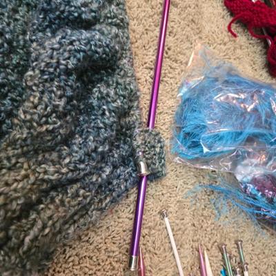 Large Knitting & Crochet Lot – Needles, Yarn, Vintage Case & In-Progress Project