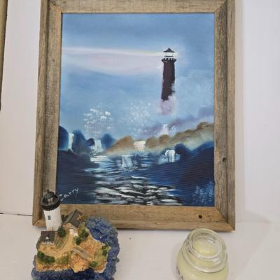 Lighthouse Decor Lot – Painting, solar light house Sculpture & Candle