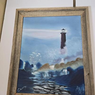 Lighthouse Decor Lot – Painting, solar light house Sculpture & Candle