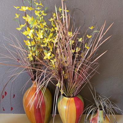 Trio of Colorful Ceramic Vases with Faux Floral Arrangements
