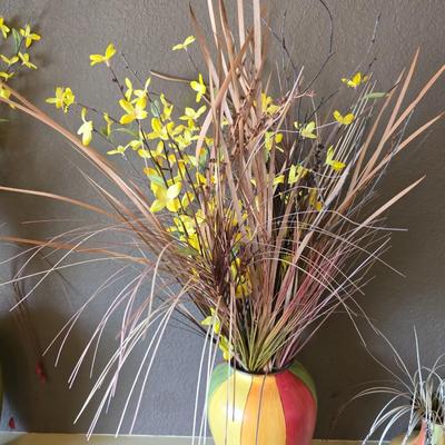 Trio of Colorful Ceramic Vases with Faux Floral Arrangements