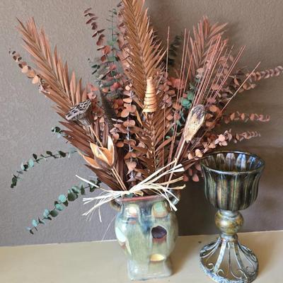 Decorative pottery Vase with Dried Arrangement + pottery Candle Holder / goblet