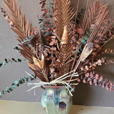 Decorative pottery Vase with Dried Arrangement + pottery Candle Holder / goblet