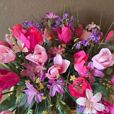 Decorative Faux Floral tulips in a basket & religious Cross Display Lot