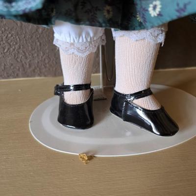 Vintage Blonde Porcelain Doll in Plaid Dress with Stand