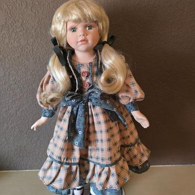Vintage Blonde Porcelain Doll in Plaid Dress with Stand