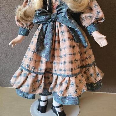 Vintage Blonde Porcelain Doll in Plaid Dress with Stand