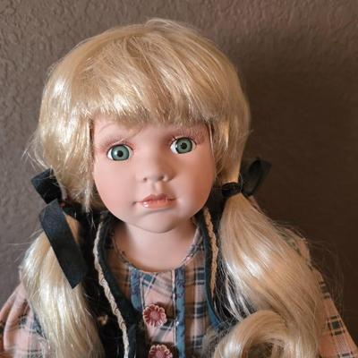 Vintage Blonde Porcelain Doll in Plaid Dress with Stand