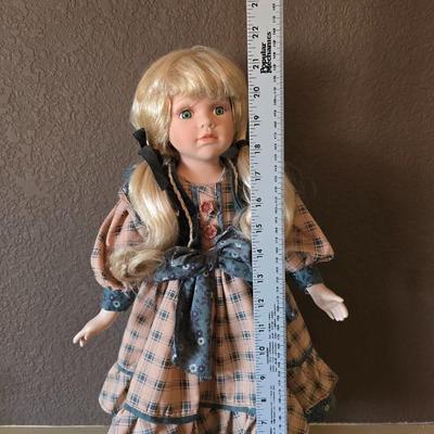 Vintage Blonde Porcelain Doll in Plaid Dress with Stand