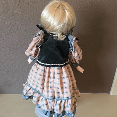 Vintage Blonde Porcelain Doll in Plaid Dress with Stand