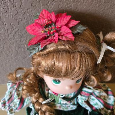 Precious Moments Christmas Doll – Green Holiday Dress with Matching Stocking