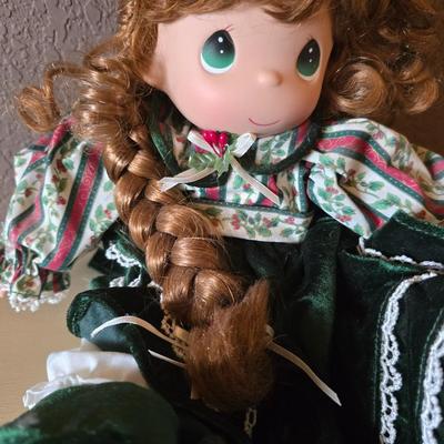 Precious Moments Christmas Doll – Green Holiday Dress with Matching Stocking