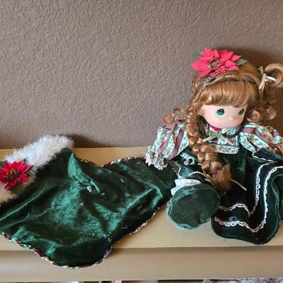 Precious Moments Christmas Doll – Green Holiday Dress with Matching Stocking