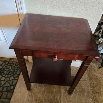 Wood Side Table with Drawer + Framed Floral Print