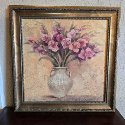 Wood Side Table with Drawer + Framed Floral Print