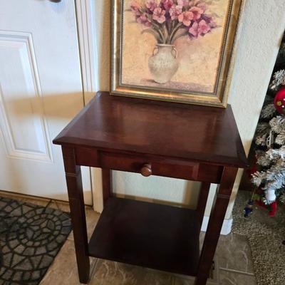 Wood Side Table with Drawer + Framed Floral Print