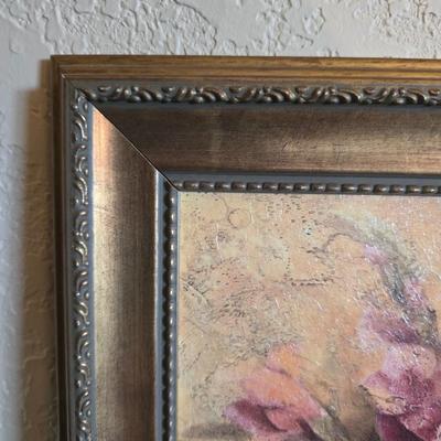 Wood Side Table with Drawer + Framed Floral Print