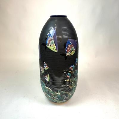 Sale Photo Thumbnail #100: Signed at bottom "M.R. '98"
Measurements:
32" in height, 14" in diameter, mouth of vase is 4" diameter
Remsen Studions in Rockport MA. 
Awards from Honor in VA. Beach of the Arts 
Sanibel Festival of Arts and more 
Graduated from University of Southern Ma