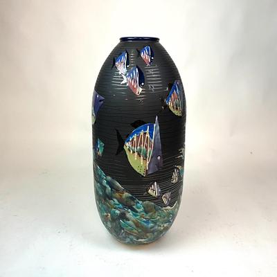 Sale Photo Thumbnail #101: Signed at bottom "M.R. '98"
Measurements:
32" in height, 14" in diameter, mouth of vase is 4" diameter
Remsen Studions in Rockport MA. 
Awards from Honor in VA. Beach of the Arts 
Sanibel Festival of Arts and more 
Graduated from University of Southern Ma