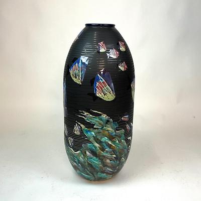 Sale Photo Thumbnail #102: Signed at bottom "M.R. '98"
Measurements:
32" in height, 14" in diameter, mouth of vase is 4" diameter
Remsen Studions in Rockport MA. 
Awards from Honor in VA. Beach of the Arts 
Sanibel Festival of Arts and more 
Graduated from University of Southern Ma